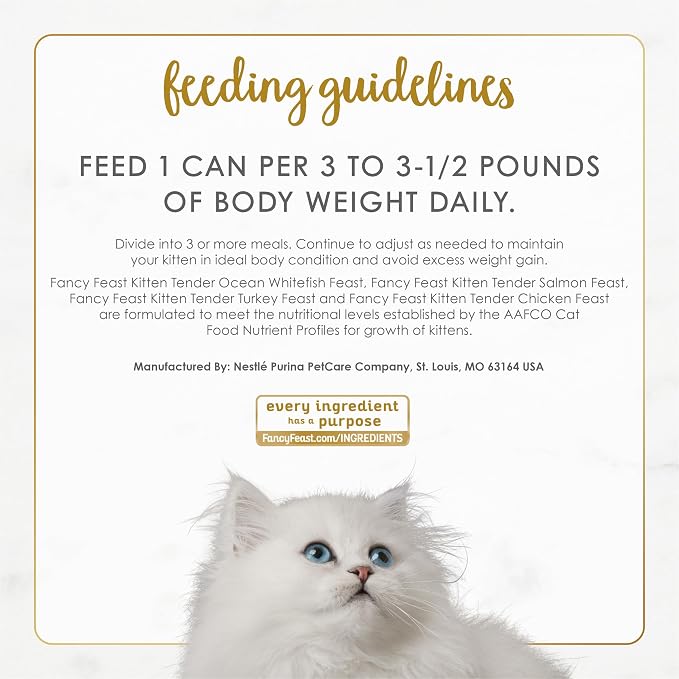 Purina Fancy Feast Wet Kitten Food Variety Pack, 3 oz cans, 24-Pack | Oceanfish, Turkey, Chicken or Salmon Recipes with no artificial colors or preservatives. 100 percent complete and balanced