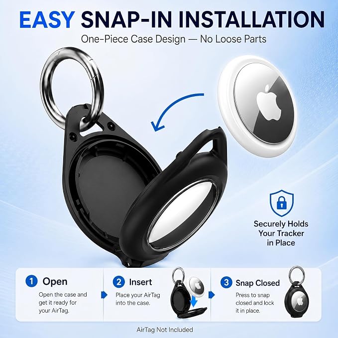 Waterproof AirTag Holder, 4 Pack AirTag Keychain Holder with Keyring, Black | Compatible with Apple AirTags 1st & 2nd, Ultra-Durable Anti-Scratch Protective Case for Luggage, Backpack, Pet, Bag