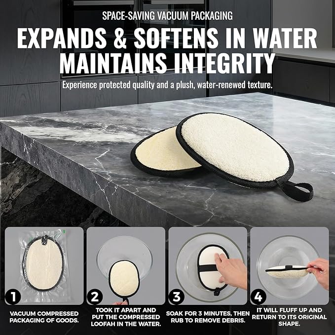 RIYNIBIY Natural Loofah for Men, 2PCS Black & White Set Egyptian Luffa Body Scrubber for Shower & Bath, Quick-Drying Exfoliating Sponge Pad for Men's Hygiene & Body Care - Travel Essentials & Gym Tool