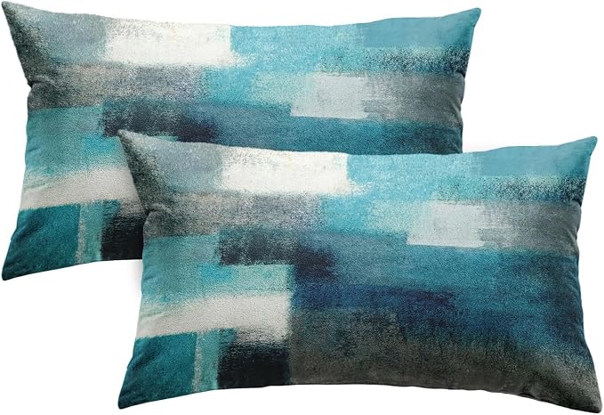 Throw Pillow Covers Set of 2, 12 x 20 Inch, Teal Peacock Blue | Abstract Modern Art Outdoor Decorative Square Pillow Cases Couch Cushion Case for Couch Bed Sofa Living Room Home Decor
