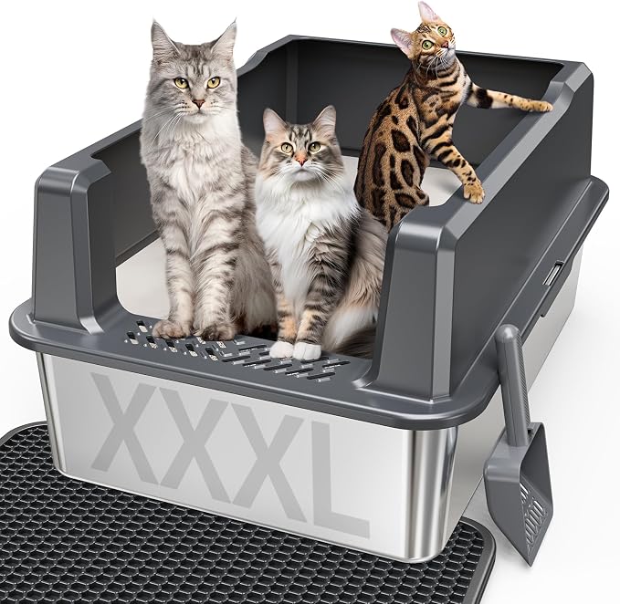 Stainless Steel Cat Litter Box with Lid, 26 x 18 x 12 in | XXXL Enclosed Cat Litter Boxes with Lid for Big Cats,High Sided, Anti-Urine Leakage Bottom Includes Litter Mat & Scoop
