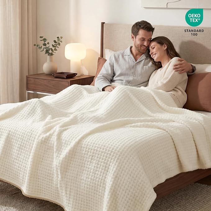 Snuggle Sac Cream Bedding Blankets Queen Size 90x90 inches, Reversible Microfiber Fluffy Fuzzy Soft Throw Cozy Knit Blanket for Women Mothers Birthday Gifts