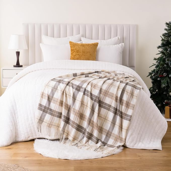 Fall Plaid Throw Blanket for Couch, Farmhouse Throw Blanket 49"x63" | Lightweight Beige Throw Blanket, Super Soft WovenThrow with Tassels, Cozy, Neutral Fall Decor Home Decor
