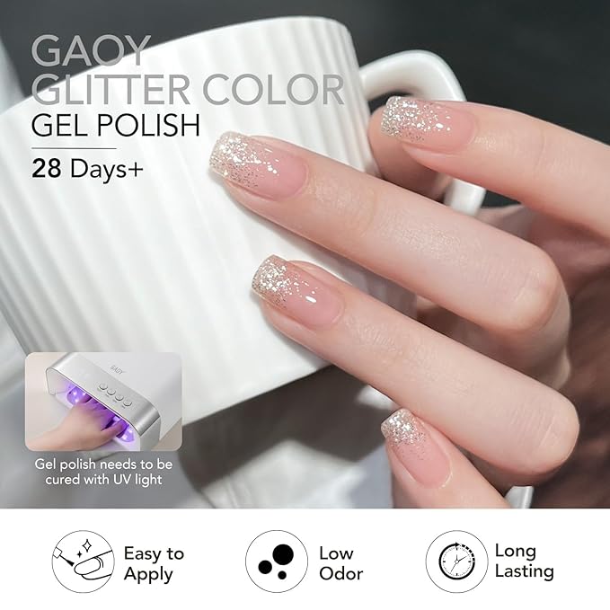 GAOY Glitter Gel Nail Polish Set, 6 Colors Silver Gold Champagne Sparkly, Soak Off UV Cure Gel for DIY Manicure at Home