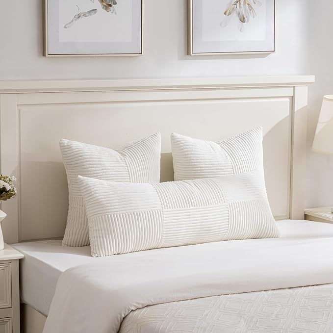 Fancy Homi Set of 1 Cream White Boho Long Lumbar Body Decorative Throw Pillow Cover 14x36 Inch for Bed Couch Bedroom Bench, Soft Patchwork Corduroy Textured Pillow Case, Rustic Farmhouse Room Decor
