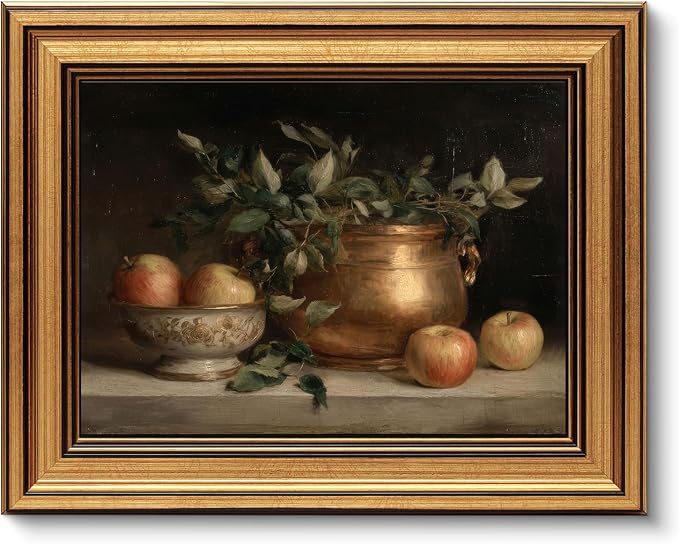 Gold Framed Wall Art, Vintage Apple Still Life Canvas Prints, Classical Farmhouse Fruit Picture Wall Decor, Antique Rustic Kitchen Artwork for Dining Room, Kitchen 12x16 inch