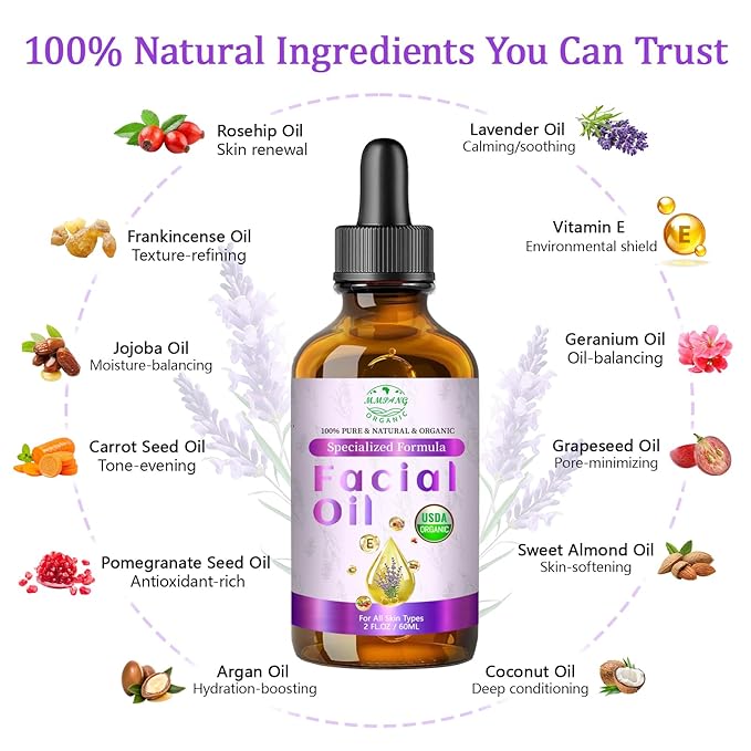 Rosehip Oil, Lavender Oil for Face, Facial Oils Blend Anti Aging with Frankincense & Pomegranate | Organic 100% Natural & Cold Pressed for Women Moisturizing, Brightening & Youthful Glow, 2 fl oz