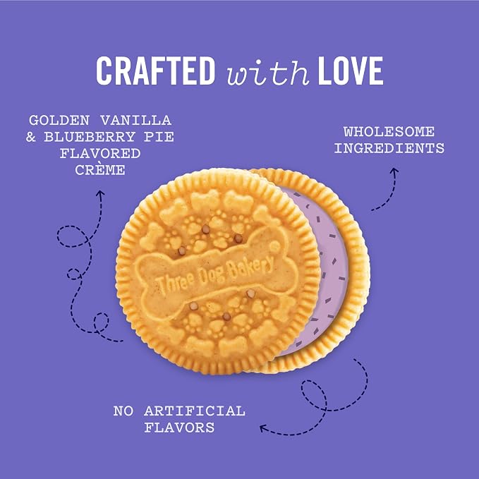 Three Dog Bakery Lick'n Crunch! Dog Treats - 13 oz | Blueberry Pie Sandwich Cookies - Crunchy Treats with Vanilla & Blueberry Pie Creme