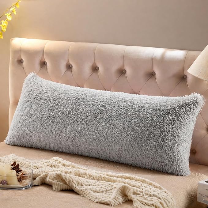 REAFORT Long Hair Faux Fur Body Pillow Cover 21"x54", Hidden Zipper (Gray) | Ultra-soft long hair faux fur with a hidden zipper offers luxurious comfort and is machine washable for easy care.