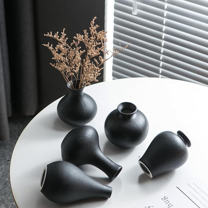 Tanvecle Small Black Vases, Ceramic Bud Vase Set 5, Modern Home Decor | Mini pottery vases for pampas grass, flowers, minimalist home decor, wedding centerpiece for dining table living room shelf
