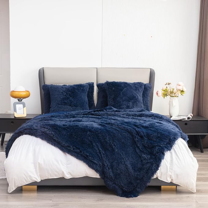 YUSOKI Long Faux Fur King Size Blanket, Navy Blue, 90" x 104" | Ultra Soft, Lightweight for All Season Use, stays fluffy after repeated washes, Perfect Gifts, Machine Washable