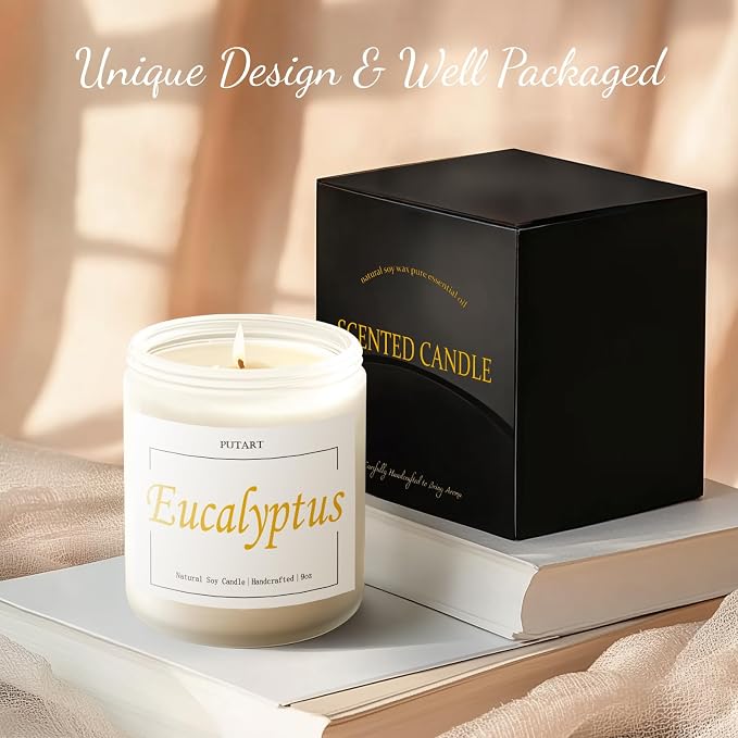 Eucalyptus Mint Highly Scented Candles, Natural Soy Aromatherapy Organic Non Toxic Candles with Long Lasting Burn, Luxury Essential Fragrance Jar Candle Gift for Birthday, Housewarming (9oz)