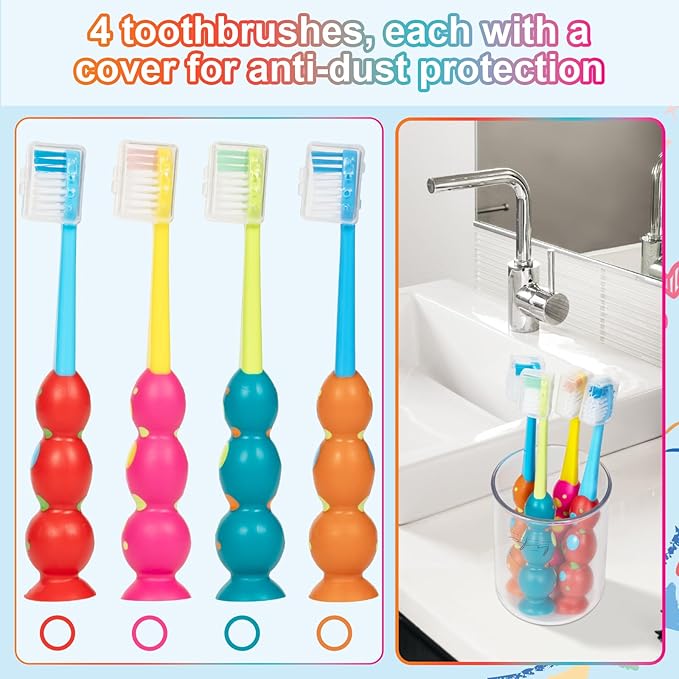 PRASBURR Toddler Toothbrush - Kids Toothbrush Soft Bristles with Suction Cup for Easy Storage, for Age 2-4 and Older, Pack of 4