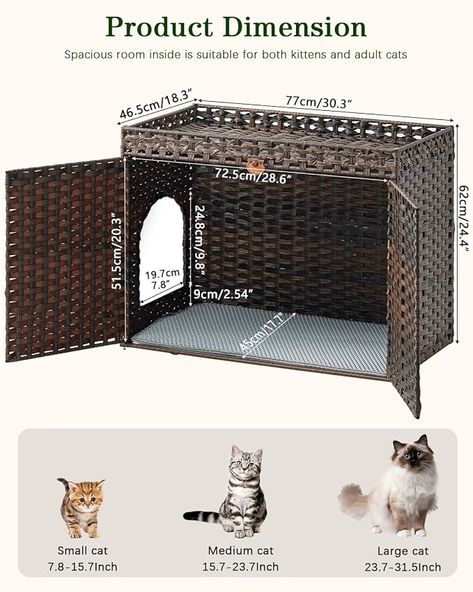 SETVSON Cat Litter Box Enclosure Furniture, Handwoven PE Rattan, Brown | Large Double-Door PE Rattan Kitty House, Fits Large Covered Litter Boxes, 2 Litter Mats, 2 S-Hooks, Metal Frame