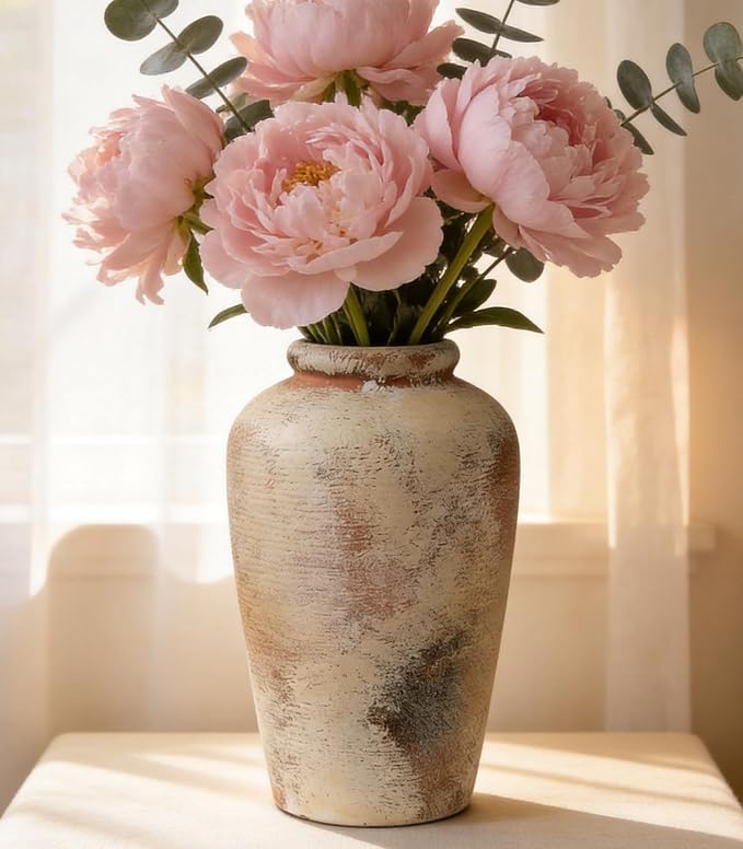 Ceramic Flower Vase, 10.6" Tall Rustic Farmhouse Vase, Decorative Pottery Vase with Glazed Interior for Fresh Flowers, Olive Branches, Mantel, Entryway and Dining Room Decor