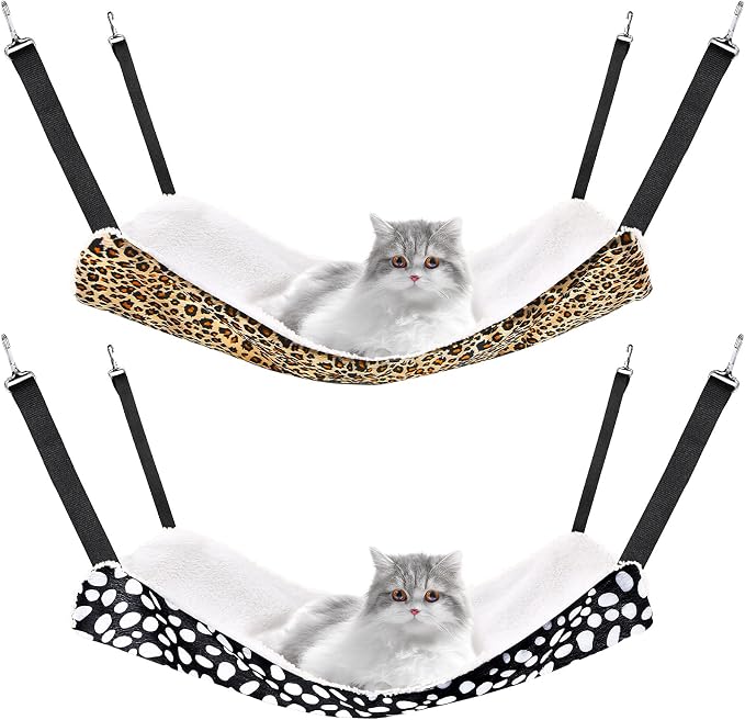 Jetec 2 Pack Cat Hammock for Cage, Leopard and Dot, S | Catio Accessories, Reversible Soft Cats Bed, Adjustable Straps and Hooks, Double-sided Linen, Fleece Hanging Hammock for Cats