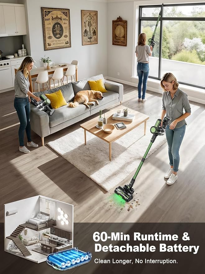 Cordless Vacuum Cleaner, 58KPa/60Mins 10 in 1 Self-Standing Stick Vacuum | 29-inch Hose and LED Lighting Brush, Anti-Tangle Brush &3 Suction Modes, Quiet Vacuum Cleaner for Home, Pet Hair/Carpet/Floor