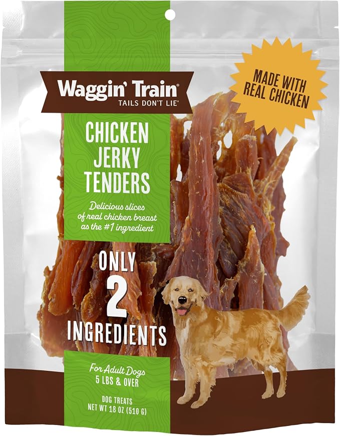 Waggin' Train Chicken Jerky Dog Treats, Made with 100% Real Chicken Breasts, Only Two All-Natural Ingredients, Great High Protein Dog Treat, Easily Digestible for Big or Small Dogs, 18 oz. Pouch