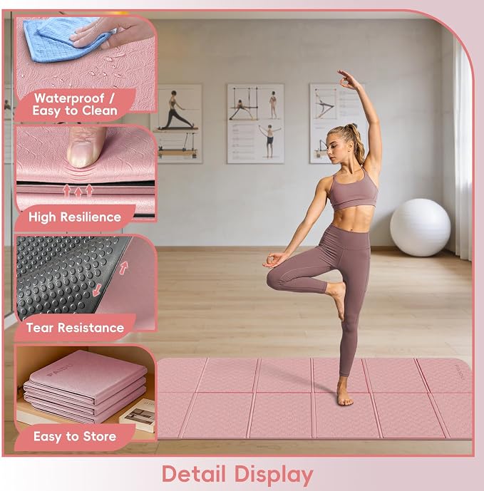 PAIDU Foldable Yoga Mat for Travel, 70"x24"x0.31" (8MM) TPE Double-Sided Non-Slip Pilates Mat with Carrying Bag for Yoga, Pilates, Fitness and Home/Outdoor Workouts