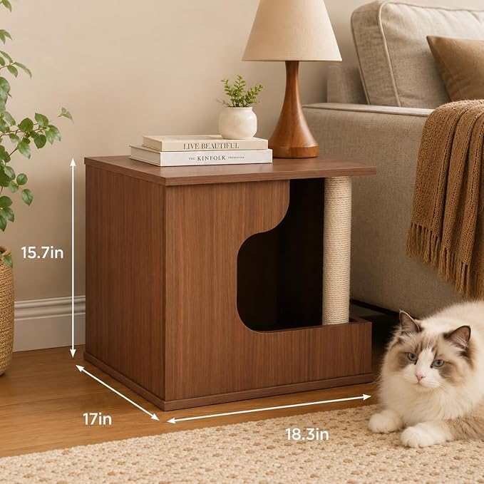 Cat Side Table with Cat Scratching Posts,Cat House with Storage for Living Room | Multi‑Purpose Cat Hideaway Furniture with Sisal Scratching Post, Cat Cave Bed for Indoor Cats, Human‑Pet Shared Table