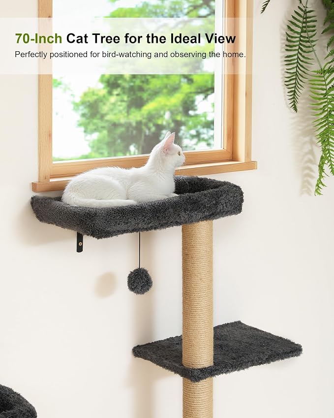 FUKUMARU Cat Wall Shelves Set, 70 inch Wall Mounted Tree, Grey | Kitten Scratching Post with Soft Cushion Perch, Space Saving Climbing Wall Furniture for 16 Inch Drywall
