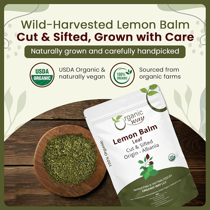 Organic Way Lemon Balm Leaf Cut & Sifted (Melissa officinalis) - Herbal Tea | Organic & Kosher Certified | Vegan | Raw, Non GMO & Gluten Free | USDA Certified | Origin - Albania (16 Oz (Pack of 1))