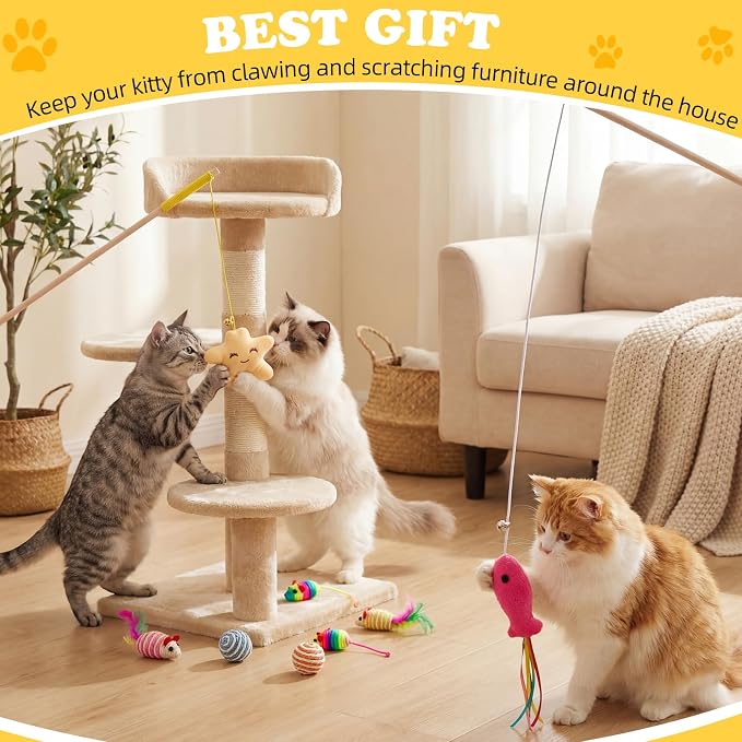 Leitee 16 Pcs Interactive Cat Toys for for Indoor Cats Set, Wooden Cat Wand Toywith Bells Feather Handle Chew Rope Mouse Sisal Balls Kitty Toys for Play Chase Exercise (Colorful)
