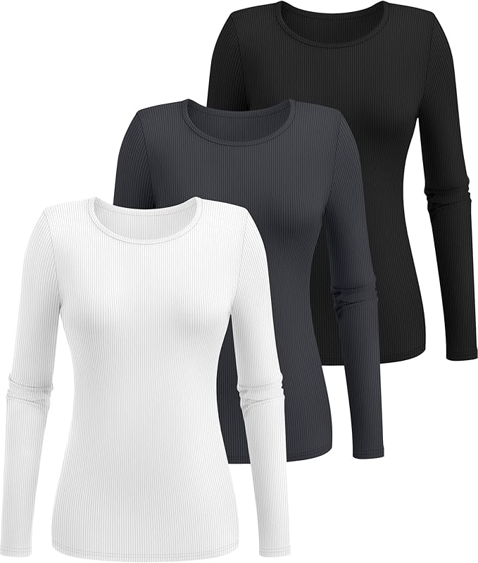 Ficerd 3 Pack Women's Ribbed Long Sleeve Tops, Crew Neck Slim Fit Undershirts Knit Basic Casual Stretch Layering Tee Shirts