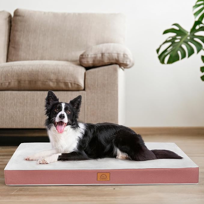 Sunheir Orthopedic Dog Beds Large Sized Dog, Big Waterproof Dog Crate Pad | Removable Washable Cover, Egg Crate Foam Support, Anti-Slip Bottom, Easy-Clean, Soft Plush Large Pet Bed Mat for Crate, Pink