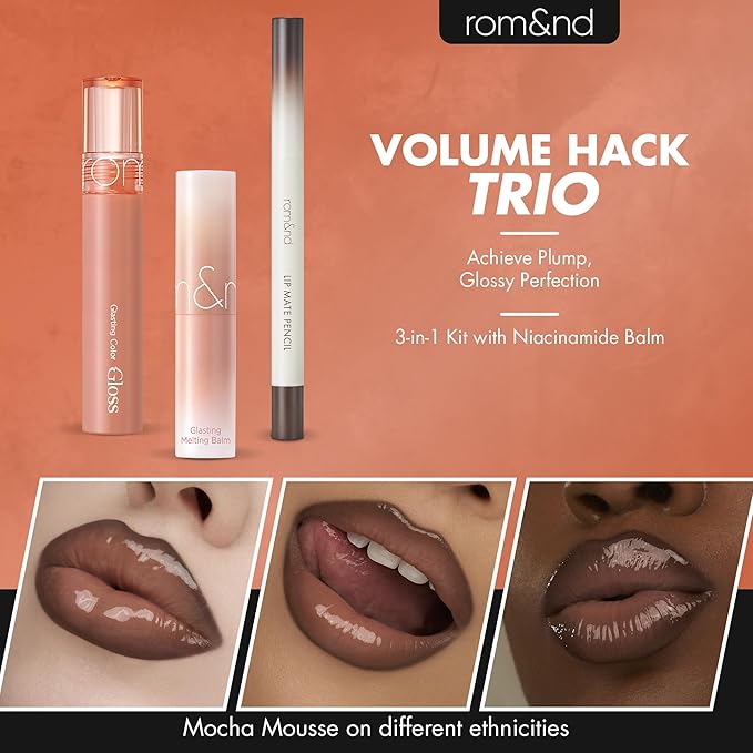 rom&nd Volume Hack Trio Mocha Mousse Lip Set | K-Beauty Plumping Gloss, Hydrating Balm & Smooth Liner | Achieve Defined, High-Shine Lips for Viral Looks.