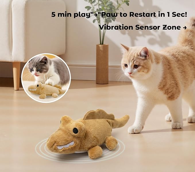Interactive Cat Toys for Indoor Cats – Auto Moving Alligator with 360° Random Movement & Tail Wagging, Rechargeable Cat Exercise Toy with Catnip, Self-Play Fun for Bored Adult Cats-Brown