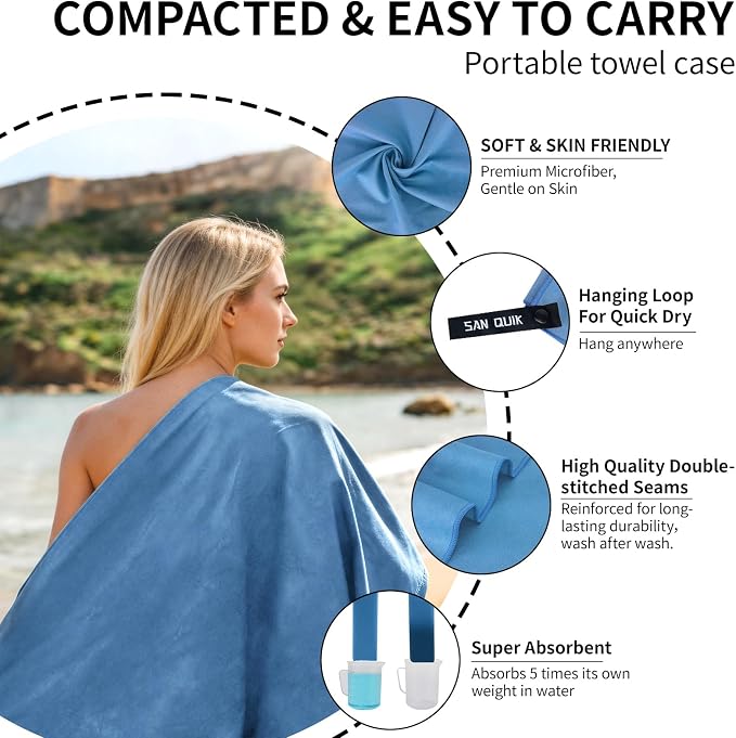 Quick Dry Camping Towel with EVA Case, Microfiber Travel Towel 3 Size at 1 Pack, Super Absorbent Lightweight Fast Drying Towel Set for Beach, Gym, Sports, Backpacking, Yoga & Swimming Pool, Blue