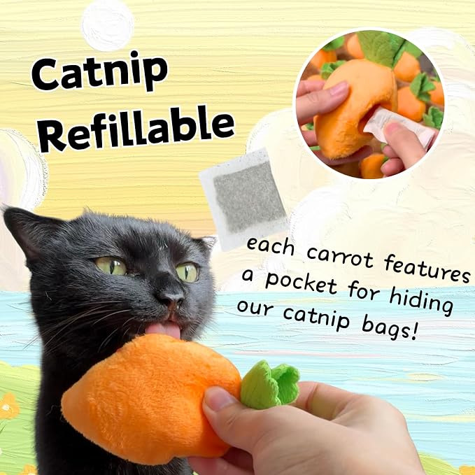 CECE PAW Carrot Catnip Toys, Interactive Feather Cat Toys for Indoor Cats, Cat Puzzle Toys for Boredom and Mental Stimulation, 12 Squeaky Carrots with Treat Pockets and 12 Catnip Tea Bags