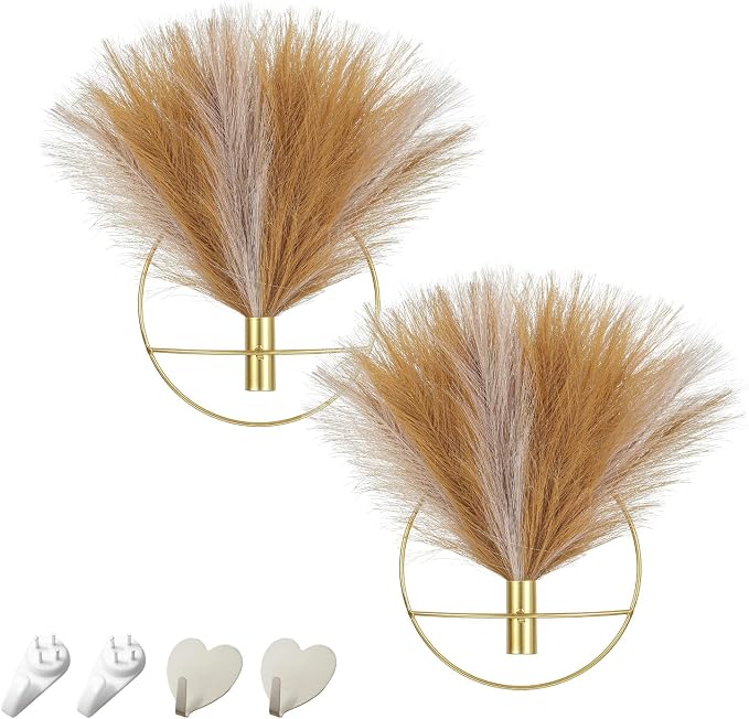 Pretty Jolly Boho Pampas Wall Decor Gold Metal Wall-Mounted Art | Morden Artificial Greenery Display，2 Pack Hanging Planter For Living Room, Bedroom, Bathroom, Dining room