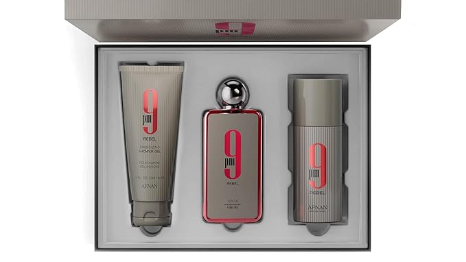 Afnan 9 PM Rebel Unisex Luxury Perfume Gift Set – Eau De Parfum (3.4 Oz), Deodorant (5.0 Oz), Shower Gel (5.0 Oz)