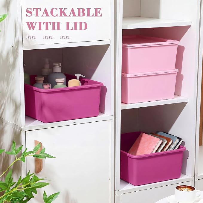 4 Pcs Storage Bins with Lids Plastic Stackable Containers for Classroom Room Organizing Shelves Christmas Ornament Box Baskets(Dark Pink, Light Pink,Large)