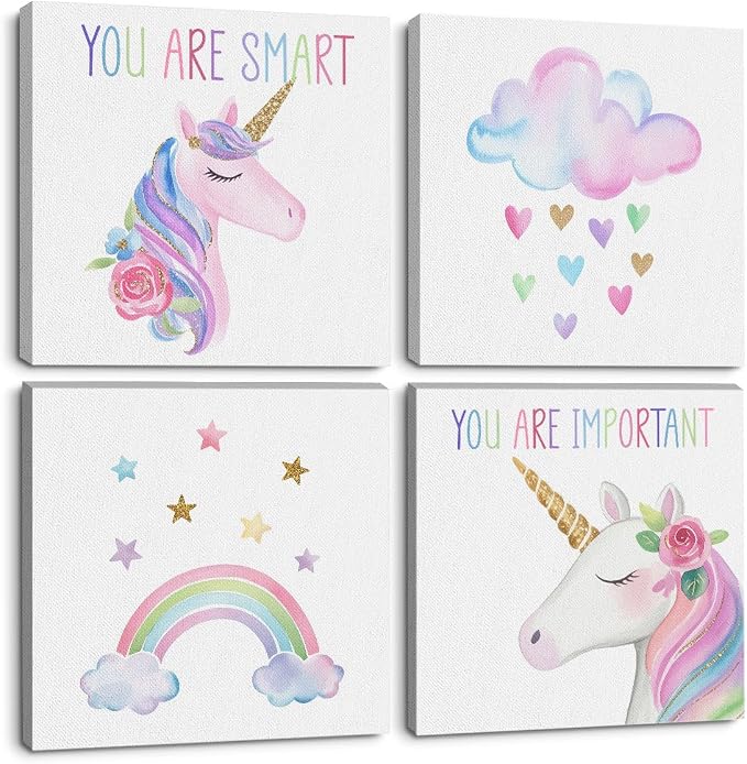 4 Pcs Watercolor Unicorn Wall Art, Inspirational Girls Room Cute Wall Decor | Rainbow Flower Aesthetic Framed Prints Paintings for Women Teen Girls Room Apartment Vogue Living Room Decor 8x8 inches