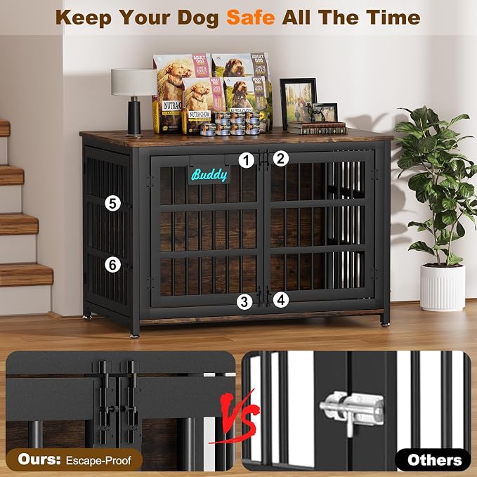 EasyCom 46"/42"/33" XXL Heavy Duty Dog Crate Furniture with Casters | Dog Kennel Indoor with Name Tag, Escape-Proof and Chew-Proof Dog Cage for Large High Anxiety Dog, as End Table
