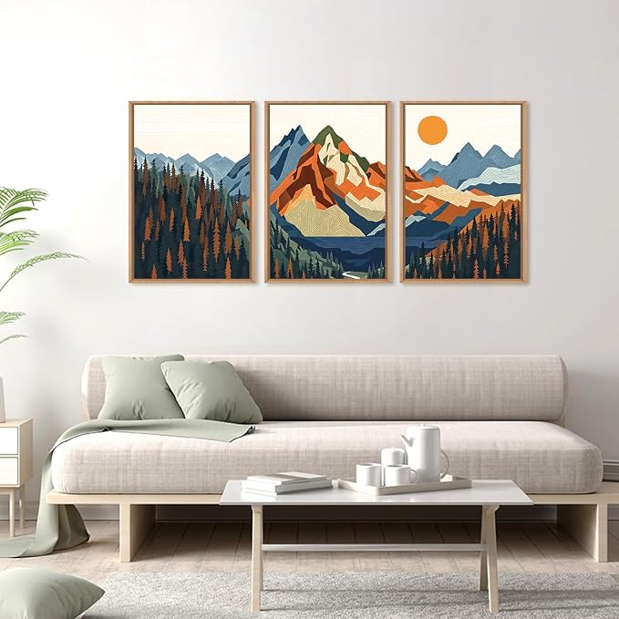 FWIEXA Vintage Mountain Framed Canvas Wall Art Set, Boho Sunrise Wall Prints, Abstract Nature Forest Artwork, Retro Lake Sunset Painting, 3 Panel 24x36 Inches Modern Rustic Decor for Living Room, Bedroom, Office