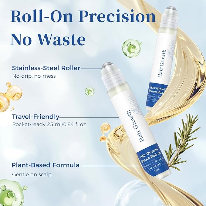 Hair Growth Serum Roll On with Rosemary，Helps Support Thicker, Fuller Hair Appearance，Clean, Non-Greasy Hair Loss Support for Men & Women，Saw Palmetto，0.84 Fl Oz (Pack of 3)