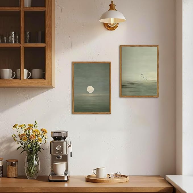 Framed Sage Green Japanese Canvas Wall Art Set of 2, Minimalist Moon and Birds Pictures Wall Decor, Neutral Landscape Artwork Paintings Prints Zen Home Decor for Living Room Bedroom Office 12x16 inch
