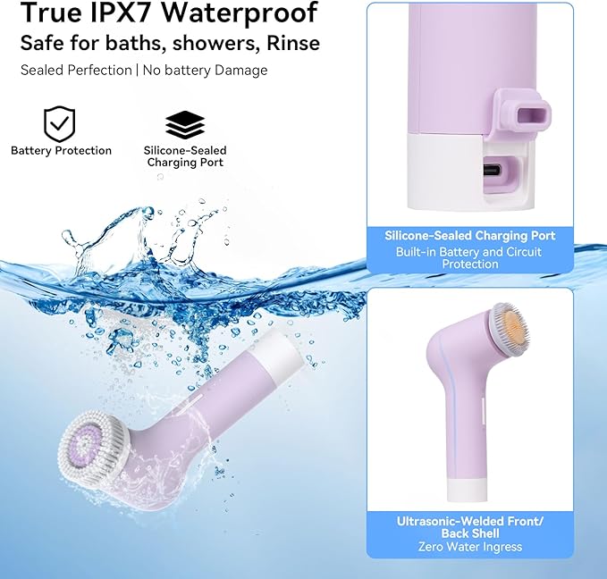 PURTIF Electric Facial Cleansing Brush,Rechargeable Silicone Face Scrubber exfoliator,3 Speeds,Waterproof, Exfoliating & Massage,for Women Men Skincare, Romantic lavender Birthday Valentine's Day gift