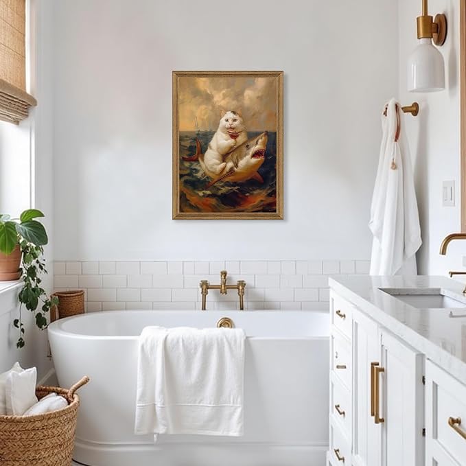 ICHZUMW Framed Funny White Cat Riding Shark Ocean Canvas Wall Art 16x24 In | Quirky Cat Drinking Wine Riding Shark Oil Painting, Humorous Bathroom Wall Decor, Bedroom Restroom Powder Room, Ready to Hang