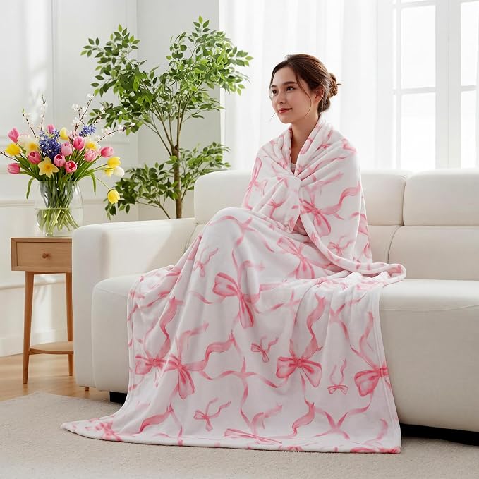 Pink Bow Throw Blanket 60"x80" Soft Flannel for Girls Women | Coquette Aesthetic Decor with Ruffled Edges, Ultra Plush Bed Sofa Blanket, Preppy Gift for Teens, Back to School Dorm Room