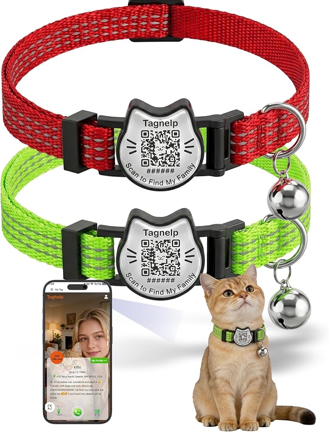 Breakaway Cat Collar with QR Code Tag and Bell (Red & Green) | Reflective Nylon, Quick-Release Buckle
