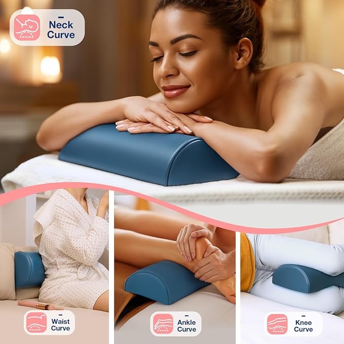 Half Round Massage Bolster for Neckrest, 17 x 6 x 4 in PU Leather Neck Pillow with Strap Handle, Comfortable Half Moon Bolster Pillow for Legs Under Knees Back Pain Relief Massage Table Bolsters, Blue