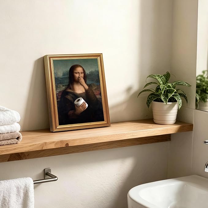 ICHZUMW Gold Framed Funny Mona Lisa Toilet Paper Canvas Wall Art, 8x10 In | Quirky Humorous Parody Painting Bathroom Wall Decor, Restroom Powder Room Guest Toilet, Fade Resistant, Ready to Hang