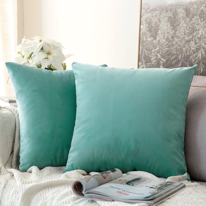 MIULEE Velvet Throw Pillow Covers 16x16 Inch Pack of 2 Aqua Green | Soft Solid Small Decorative Pillow Covers, Modern Luxury Home Decor, for Couch Chair Sofa Bedroom Livingroom Car