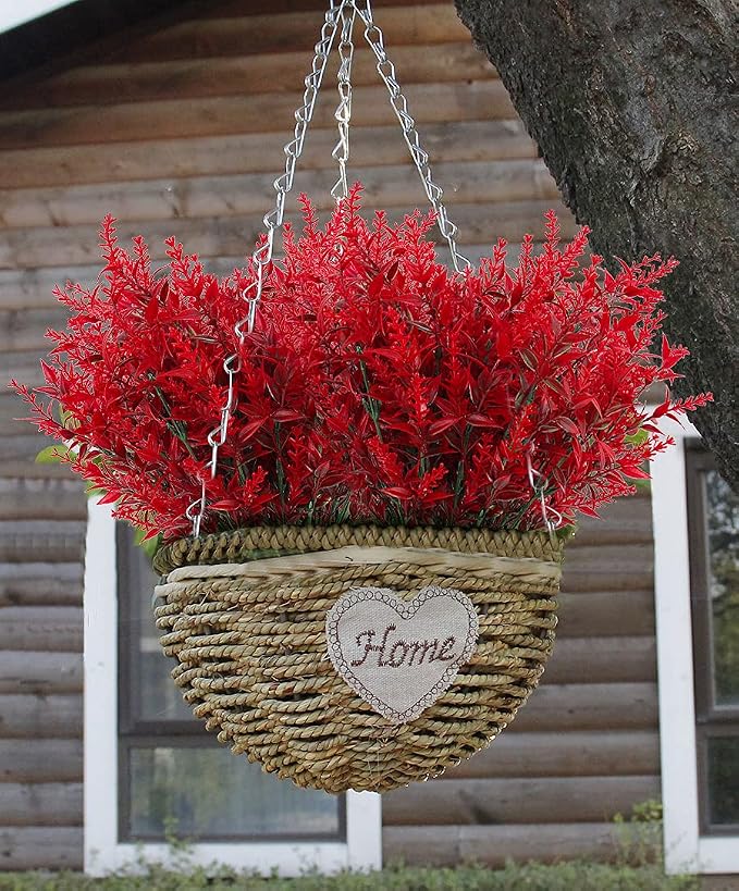 RECUTMS Artificial Outdoor Flowers,Faux Fall Plant Plastic Lavender Bouquet | 8Pcs,Red UV Resistant Faux Flowers fo Outdoor Planters,Spring Fall Decor,Lifelike Natural Fake Plant to Brighten Up Your Home