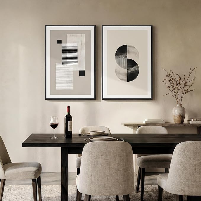 Large Framed Black and White Neutral Abstract Wall Art for Living Room, 2 Piece Modern Canvas Prints Artwork for Walls, Beige Minimalist Geometric Pictures for Bedroom Hallway Wall Decor 24x36 In